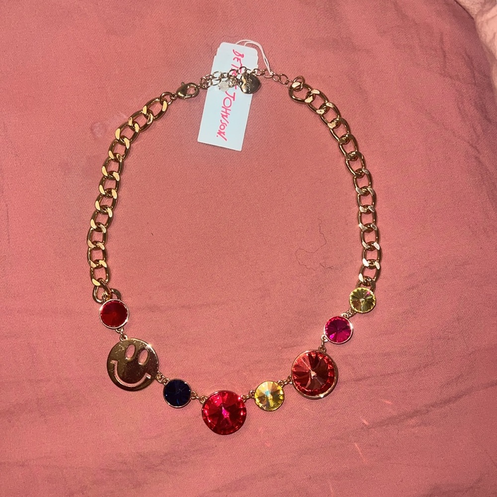 Betsey‎ Johnson Gold Tone Necklace with Multicolor Gemstones and Smile Charm